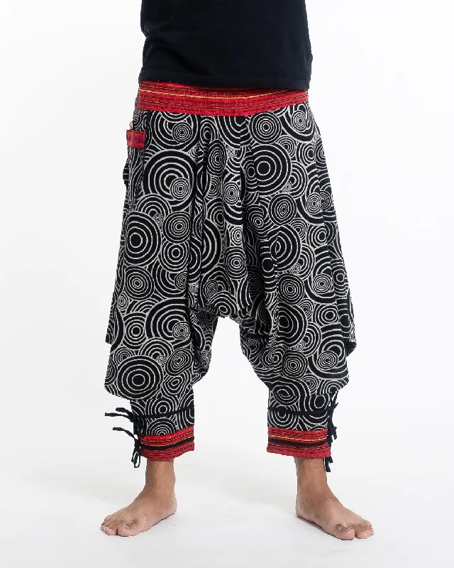 Swirls Prints Thai Hill Tribe Fabric Drop Crotch Harem Pants with Ankle Straps in Black Comfortable Denim Pants