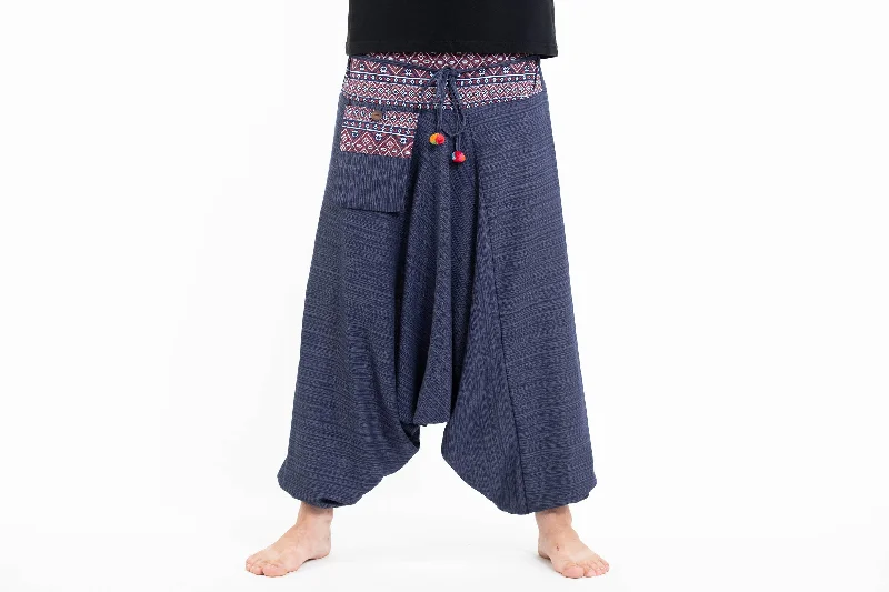 Unisex Pinstripe Harem Pants With Hill Tribe Trim in Navy Comfy Zip-Up Pants