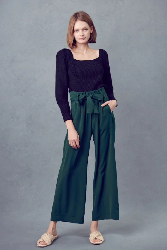 HUNTER GREEN  HIGH-WAISTED SELF-TIE WIDE LEG PAPERBAG PANTS MP9396 Slim-Fit Leggings