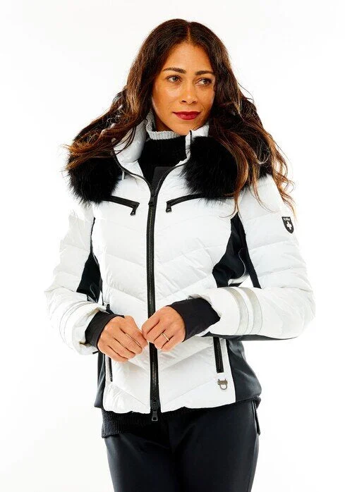 Womens Ski Jacket in Black White with Fin Raccoon M. Miller SK2826 Devon SS24 Denim Fabric Leather Fabric Suede Fabric Womens Ski Jacket in Black White with Fin Raccoon M. Miller SK2826 Devon SS24 Denim Fabric Leather Fabric Suede Fabric