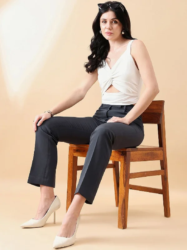Comfort Fit Mid Waist Stretch Pants- Dark Grey Elegant High-Waist Pants
