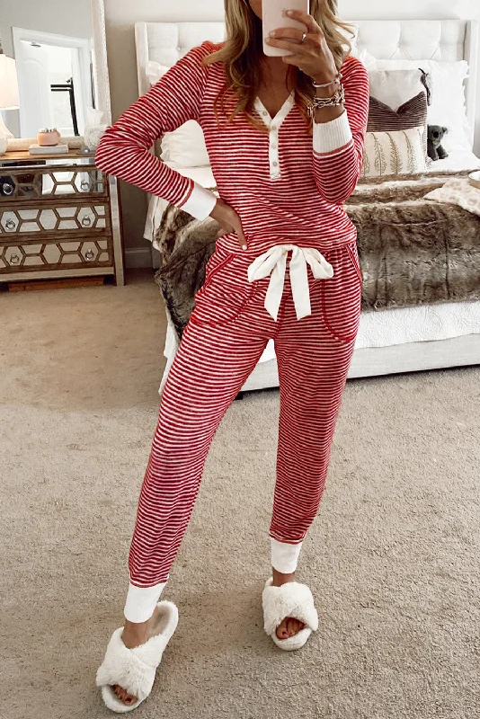 Red Stripe Buttoned V Neck Top and Knotted Waist Pants Lounge Set Modern Skinny Pants