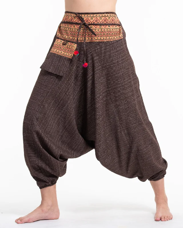 Unisex Pinstripe Harem Pants With Hill Tribe Trim in Brown Formal Stretch Pants
