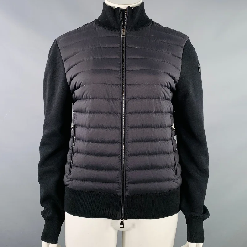 MONCLER Size L Black Nylon Quilted Double Zipper Jacket Nylon Fabric Polyester Fabric Spandex Fabric