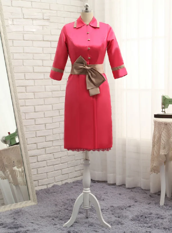 Sheath Mother Of The Bride Dresses Knee Length Satin Lace Red With Jacket Trench Coat Raincoat Waterproof Jacket