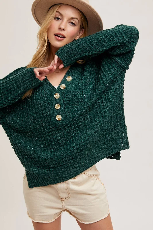 Thermal Henley Sweater - Hunter Green Collared Crew Neck Turtle Neck