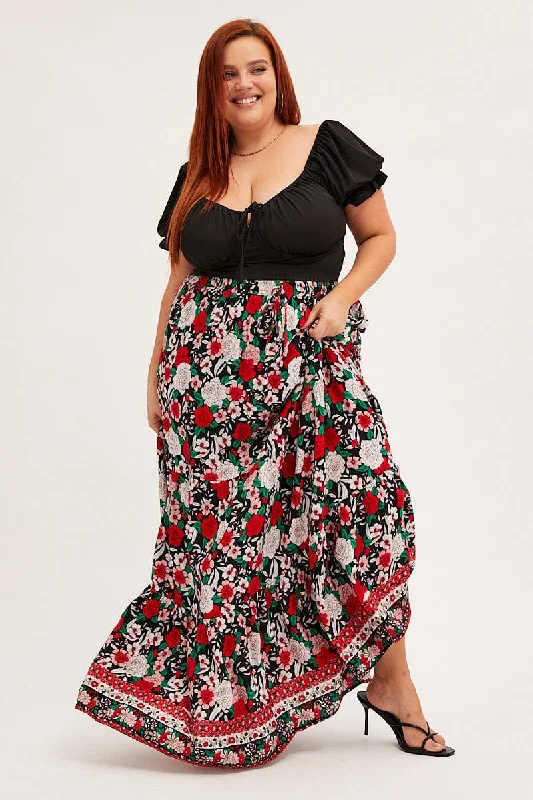 Black Boho Maxi Skirt High Waist Tiered relaxed fit skirt