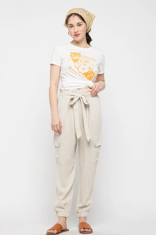 OATMEAL LINEN SELF-TIE WAIST FLAP POCKETS JOGGER PANTS MP8999 Slim Fit Casual Pants