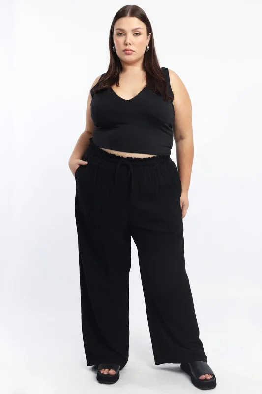 Black Paperbag Elastic Waist Linen Blend Wide Leg Pants Trendy Wide-Leg Pants