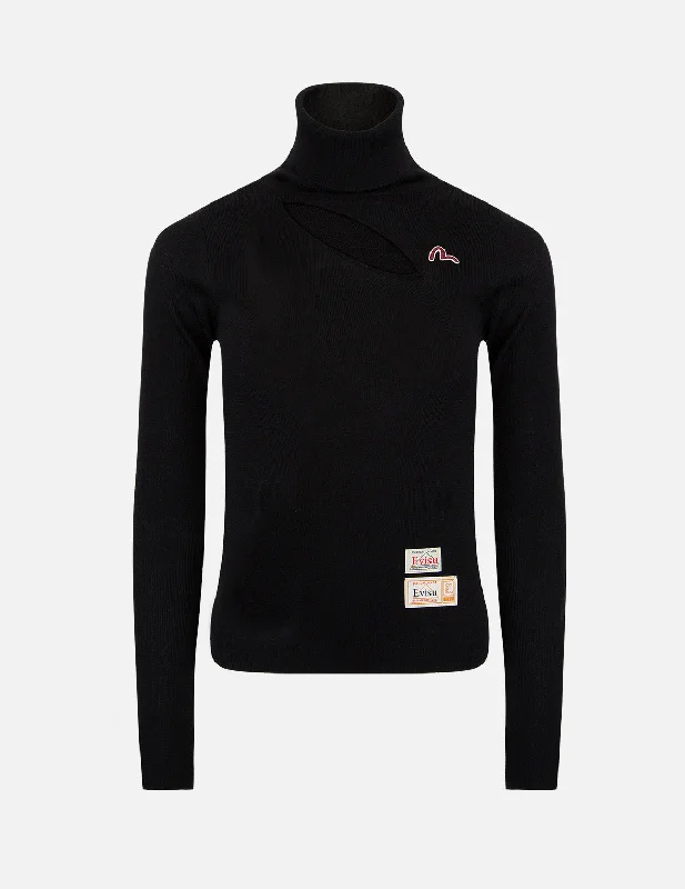 Cut-out Rib-Knitted Turtleneck Sweater Fleece Fabric Down Fabric Feather Fabric