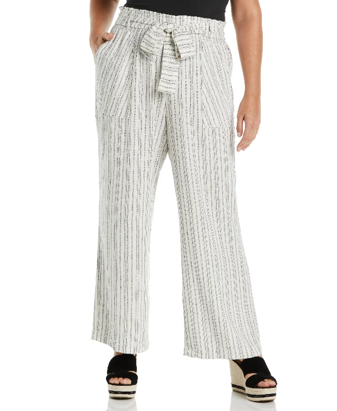 Plus Size Stripe Wide Leg Linen Blend Paper Bag Pant Elegant Trouser Pants