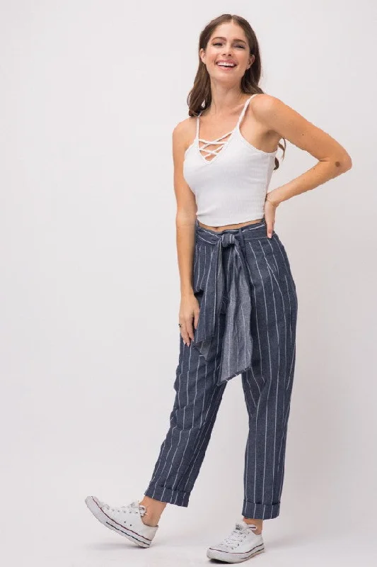 DENIM & WHITE STRIPE SELF-TIE BELT FULL-LENGTH PANTS MPT7553 Modern Bootcut Pants