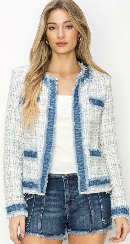 Tweed Jacket with Denim Trim - Blue Tweed Herringbone Jacket Houndstooth Jacket Plaid Jacket Tweed Jacket with Denim Trim - Blue Tweed Herringbone Jacket Houndstooth Jacket Plaid Jacket