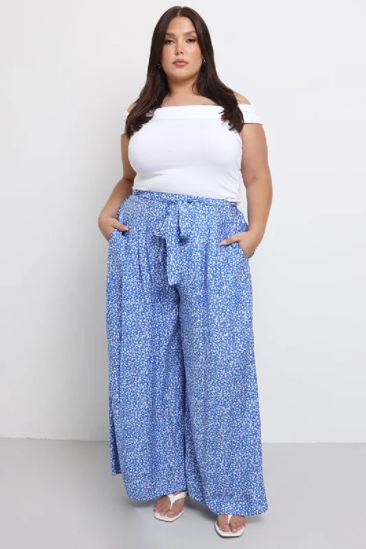 Blue Ditsy Tie Waist Wide Leg Pants Comfortable Pleated Pants