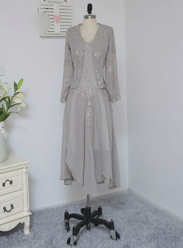 Elegance Silver Mother Of The Bride Dresses A-line With Jacket Chiffon Welt Pockets Slit Pockets Flap Pockets Elegance Silver Mother Of The Bride Dresses A-line With Jacket Chiffon Welt Pockets Slit Pockets Flap Pockets