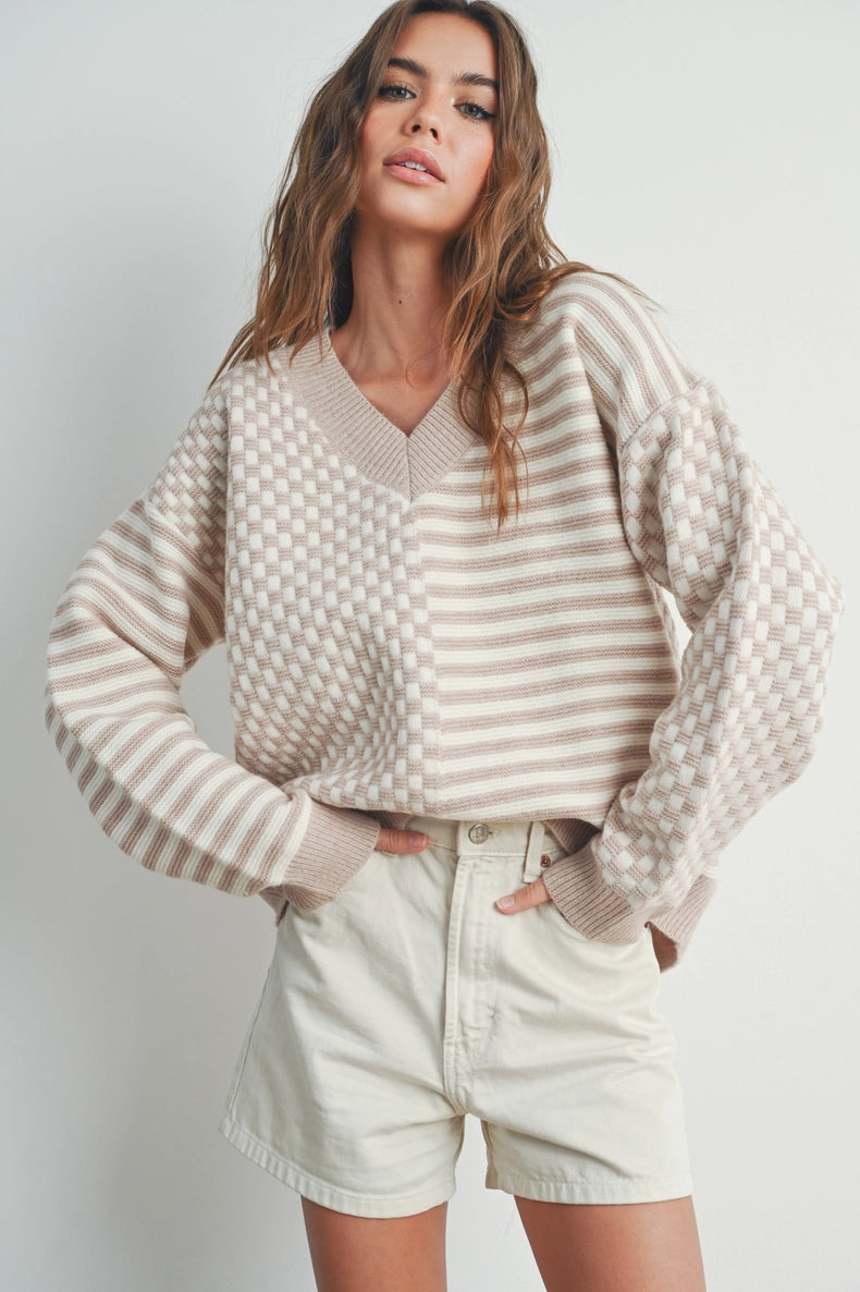 Checker Sweater: Taupe Elasticated Padded Insulated