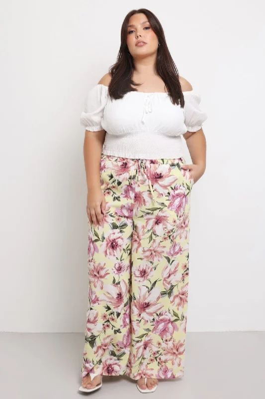 Yellow Floral Drawstring Waist Floral Wide Leg Pants Stylish Elastic Waist Pants