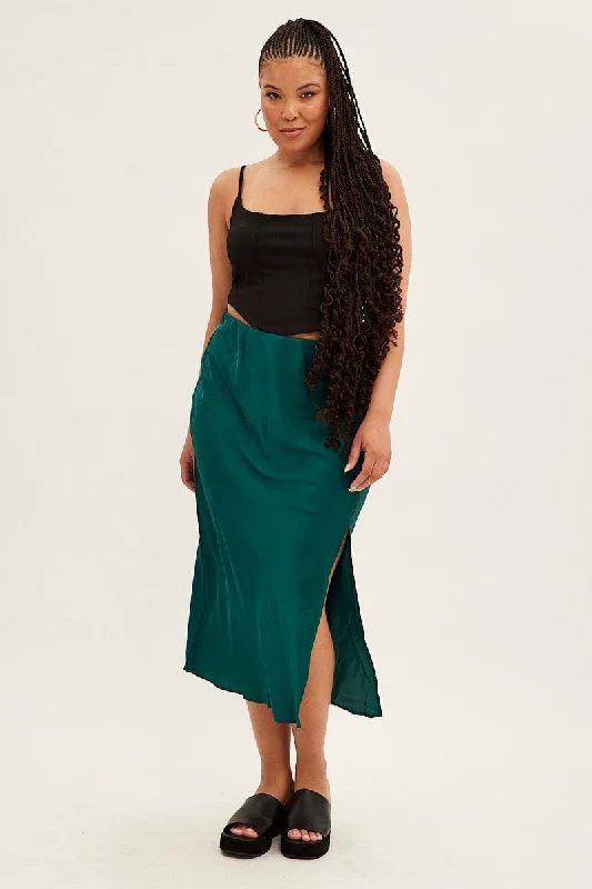 Green Midi Skirt Bias Satin With Split low waist skirt