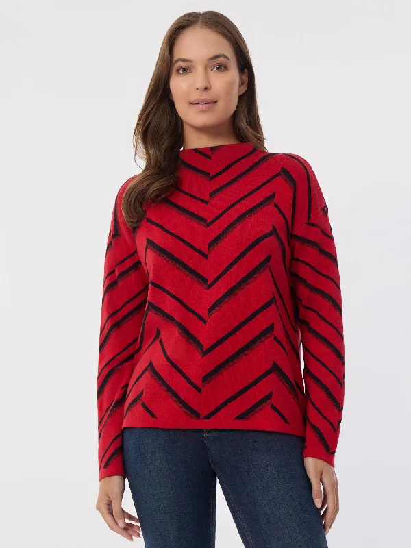 Mock Neck Chevron Jacquard Sweater Chenille Blend Fleece Blend Nylon Blend