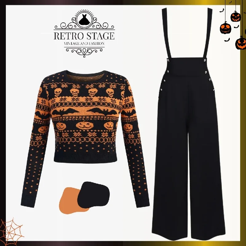 Black 1970s Halloween Skull Bat Crop Sweater Nylon Fabric Polyester Fabric Spandex Fabric