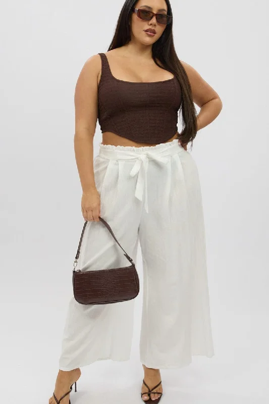White Cotton Paperbag Waist Wide Leg Pants With Tie Belt Chic Capri Pants