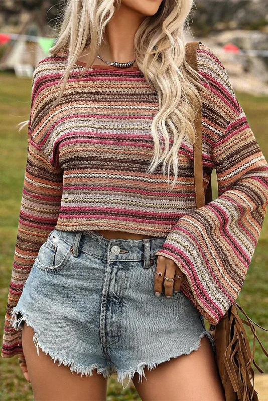 Colorful Striped Bell Sleeve Knit Sweater Glossy Satin Silk