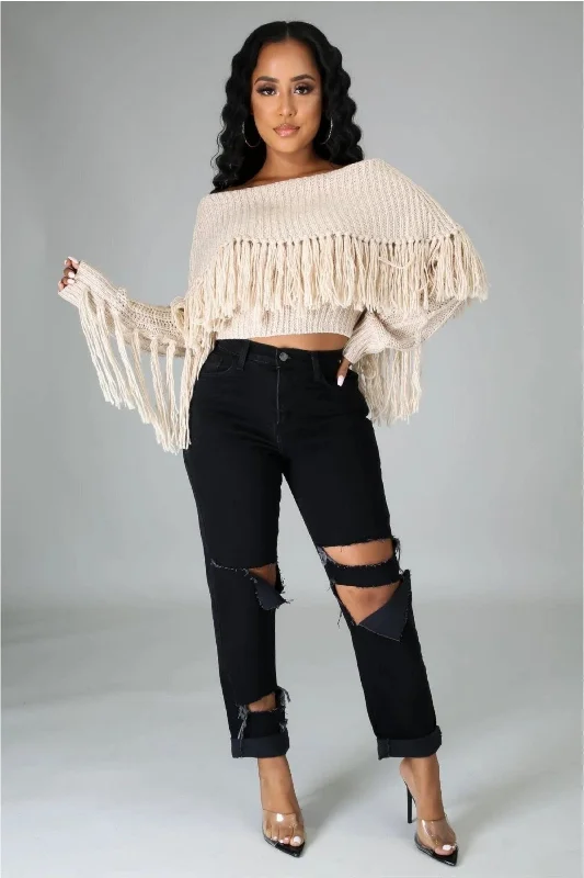 Almond Fringe Sweater Top Terry Terry Cloth Terry Knit