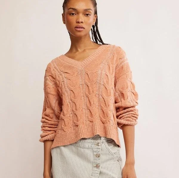 Free People Washed Cable V-Neck Sweater Ribbed Striped Patterned