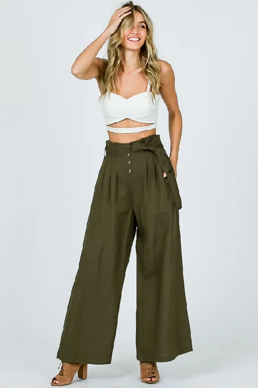 DARK OLIVE PIN TUCK SELF-TIE BELT WIDE-LEG LINEN PANTS MPT7283 Lightweight Linen Pants