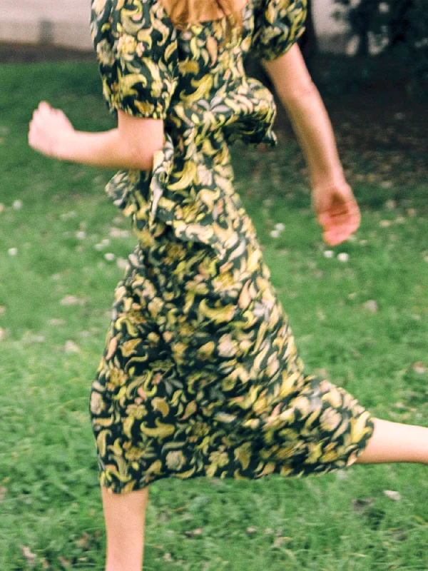 Enigma Green Floral Print Skirt tiered skirt playful