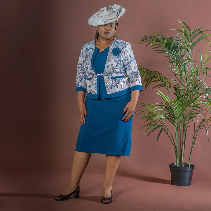 Blue & Silver Dress & Floral Jacquard Jacket Set Wool Fabric Cashmere Fabric Tweed Fabric