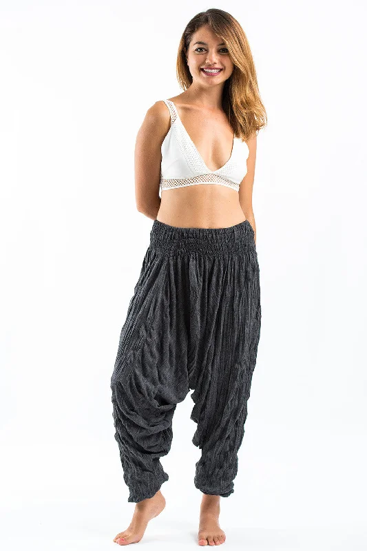 Unisex Crinkled Cotton Harem Pants in Black Comfortable Jogging Pants