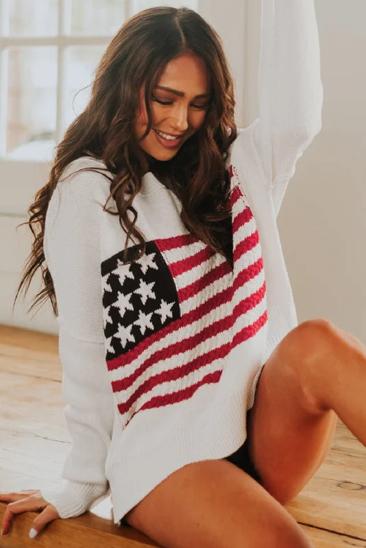 Cable Knit American Flag Sweater Hooded Caped Shawl Collar