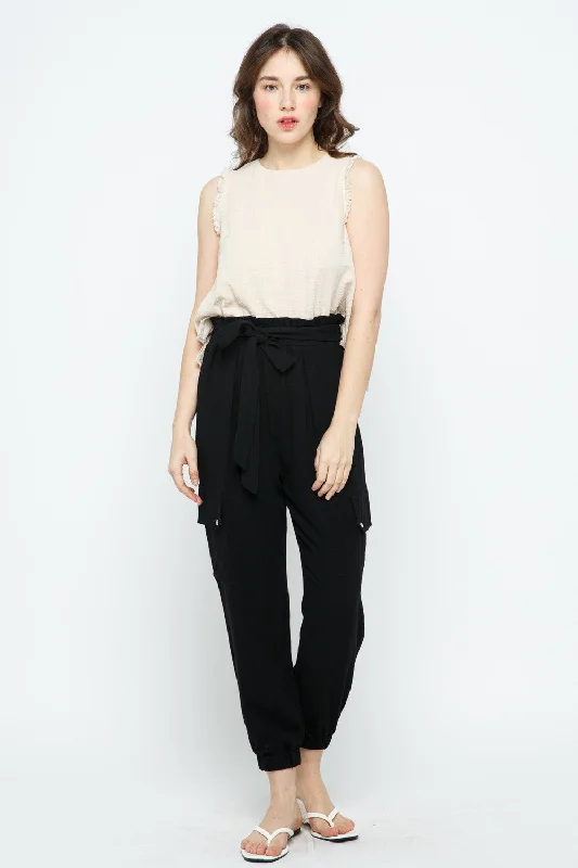 BLACK LINEN SELF-TIE WAIST FLAP POCKETS JOGGER PANTS MP8999 Formal Linen Trousers