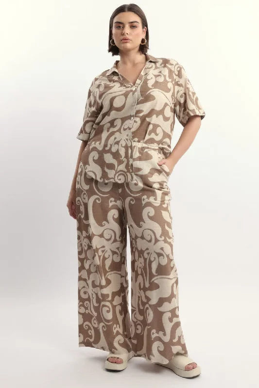 Beige Abstract Linen Blend Wide Leg Pants Elegant High-Waist Pants