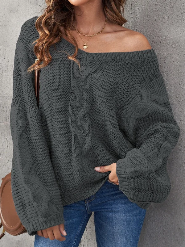 Bubblegum Gray V-Neck Knit Sweater with Braided Detail High Neck Crew Neck V-Neck