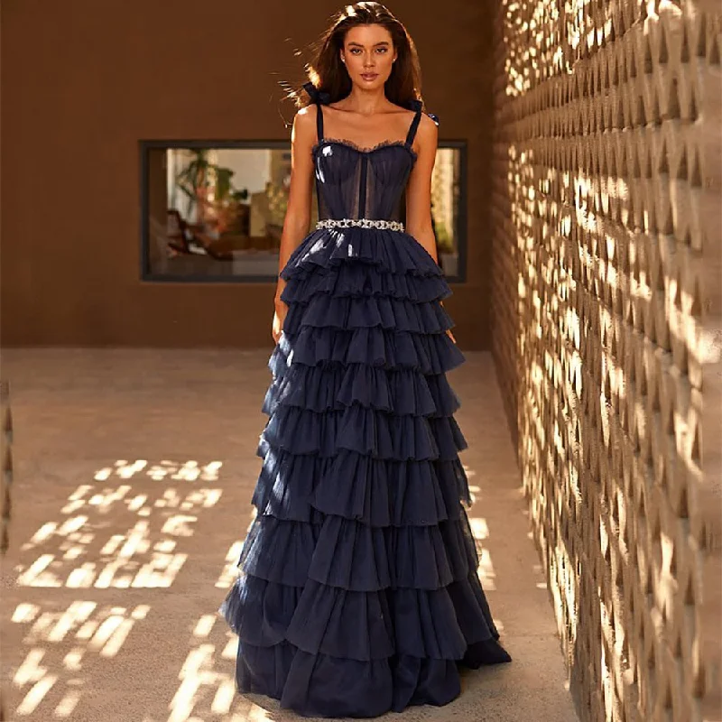 Cinessd Fivsole Long Prom Dresses Sweetheart Crumpled Tulle Ruffles Evening Dresses Off Shoulder Tiered A-Line Party Dresses With Belt Square Neckline Feminine Cinessd Fivsole Long Prom Dresses Sweetheart Crumpled Tulle Ruffles Evening Dresses Off Shoulder Tiered A-Line Party Dresses With Belt Square Neckline Feminine