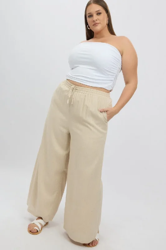 Beige Elastic Waist Wide Leg Linen Viscose Pants Fashionable Button-Up Pants