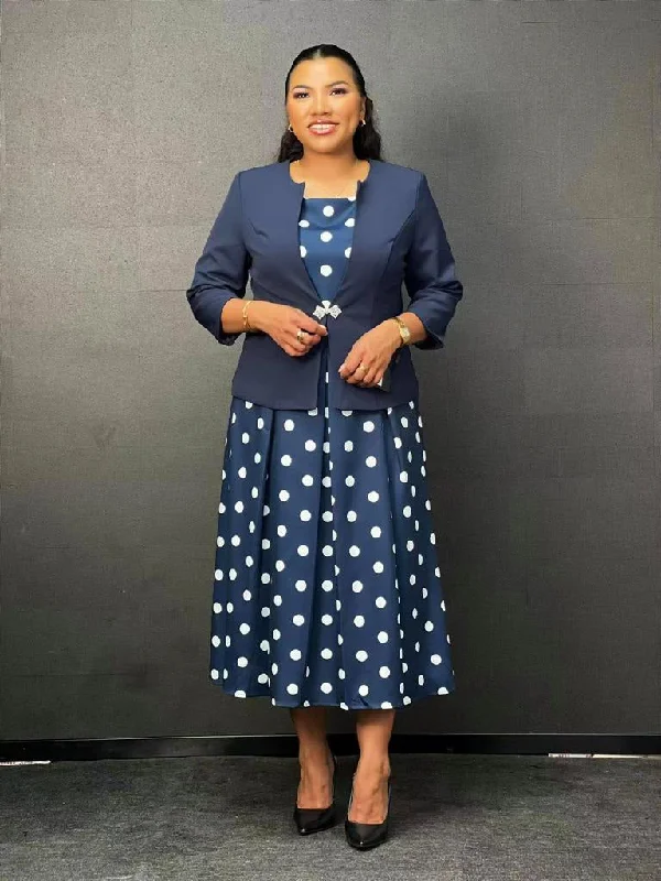 Elegant Navy Polka Dot Dress and Navy Jacket Fleece Jacket Down Jacket Parka
