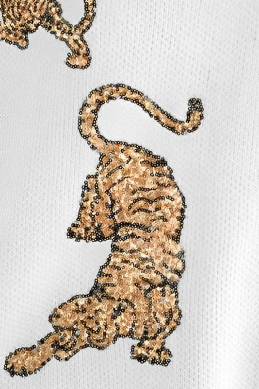 Casual Knit Sweater with Tiger Design Spandex Rayon Corduroy