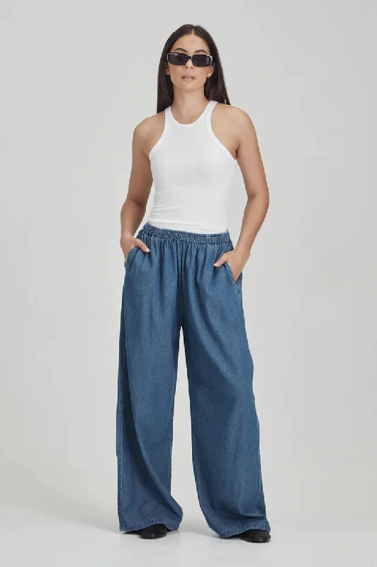 Commoners Womens Pull On Pant - Chambray Comfy Cargo Trousers