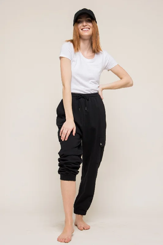 BLACK FRENCH TERRY SELF-TIE WAIST W/FLAP SIDE POCKETS JOGGER PANTS MP9282 Cozy Jogger Leggings