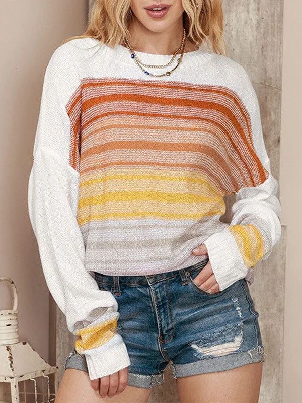Colorful Striped Knitted Sweater With Rainbow Print For Women Solid Print Embellished