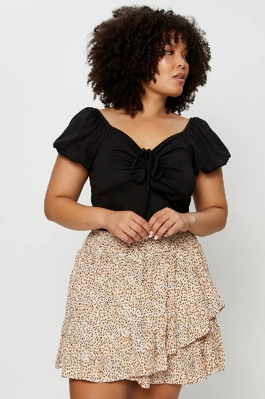 Animal Print Mini Skater Skirt Ruffle Hem corduroy skirt comfortable