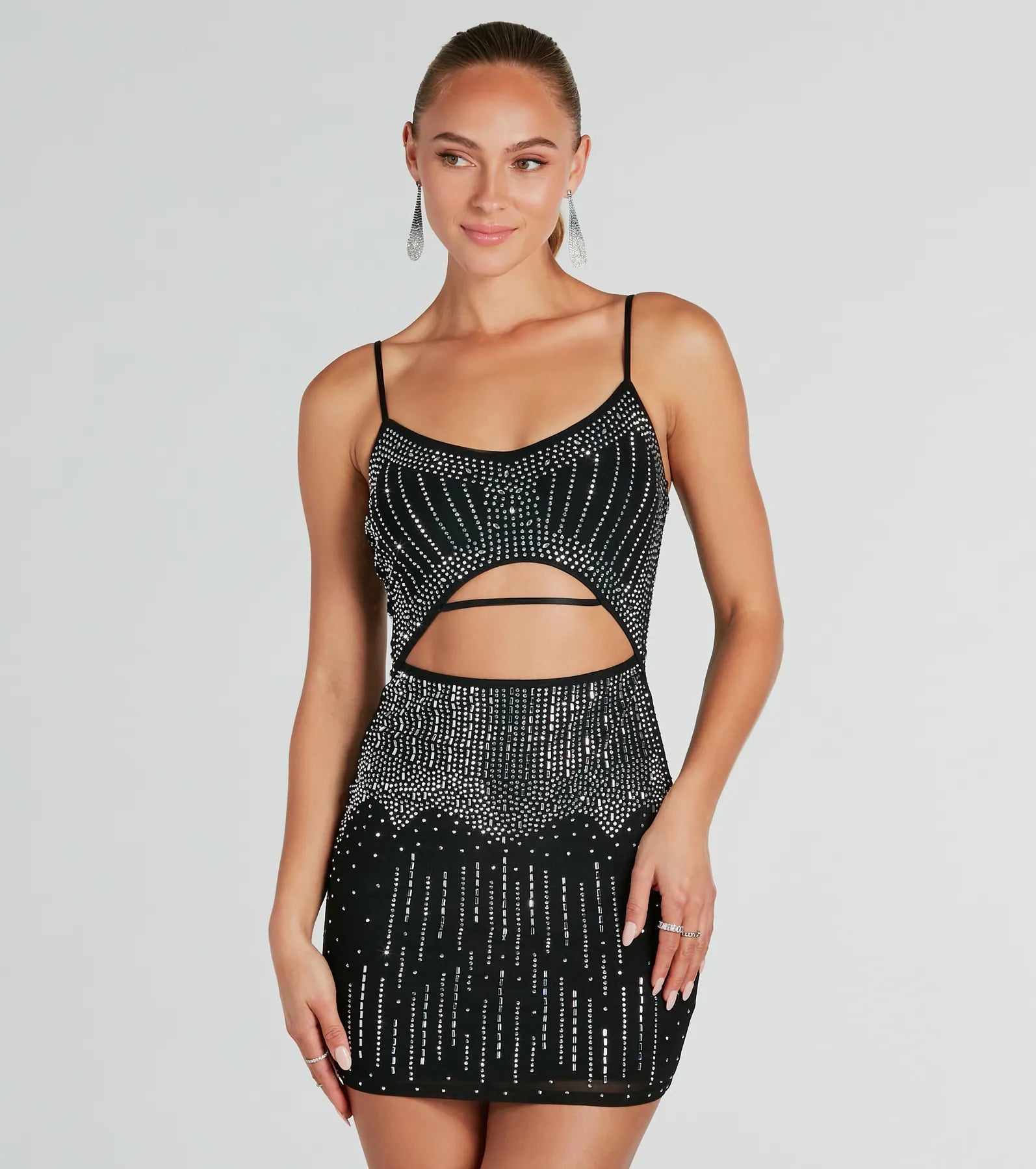 Glitzy Cutout Rhinestone Mesh Mini Party Dress High-Low Hemline Casual