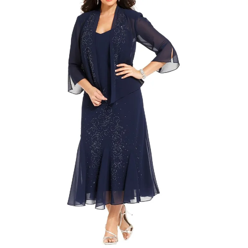 R&M Richards Womens Plus Crepe Beaded Dress With Jacket Jersey Jacket Tulle Jacket Batik Jacket