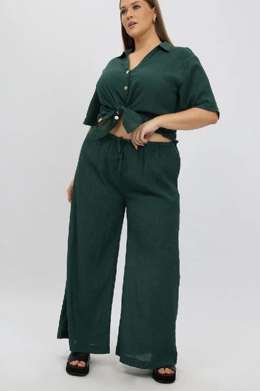 Green Textured Drawstring Wide Leg Pants Trendy Printed Leggings