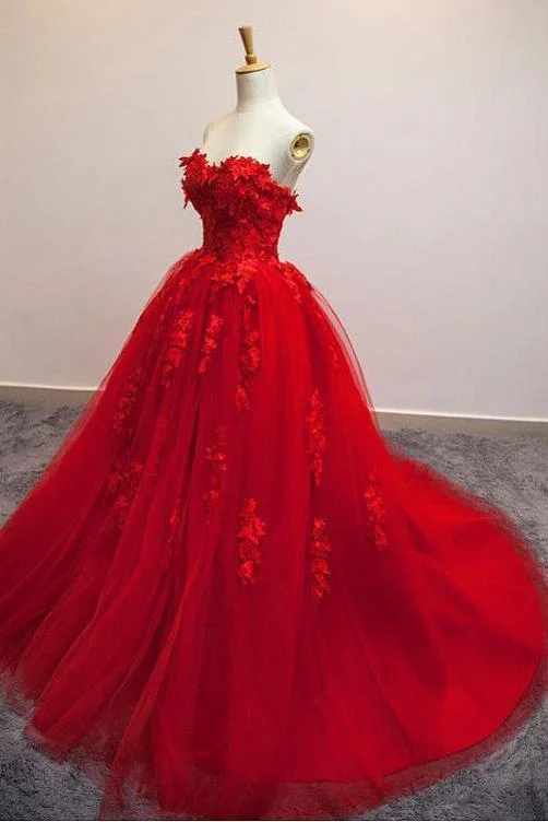 Pretty Red Sweetheart Strapless Ball Gown Applique Tulle Long Prom Dress,Party Dresses Tunics Modern contemporary Pretty Red Sweetheart Strapless Ball Gown Applique Tulle Long Prom Dress,Party Dresses Tunics Modern contemporary