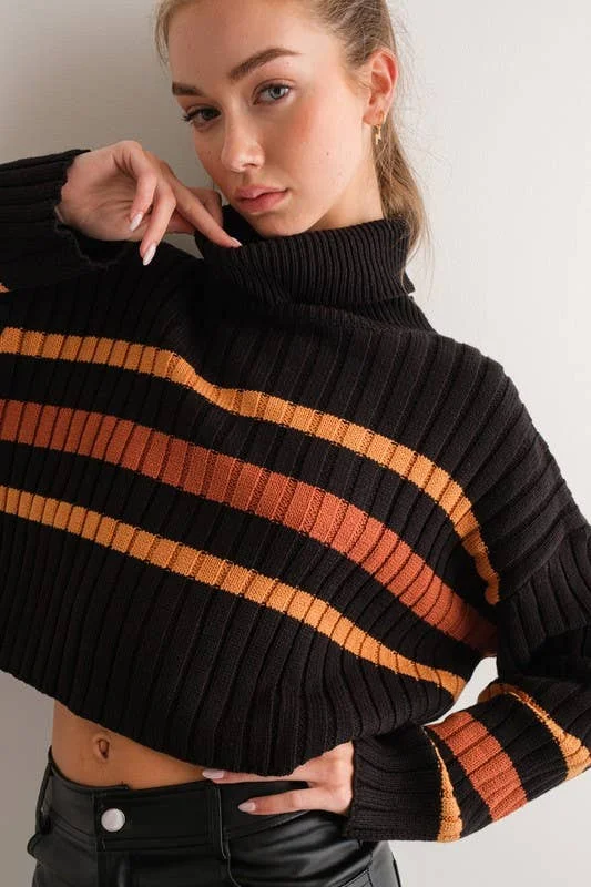 Striped Turtleneck Sweater - Black Multi Print Jacquard Patchwork