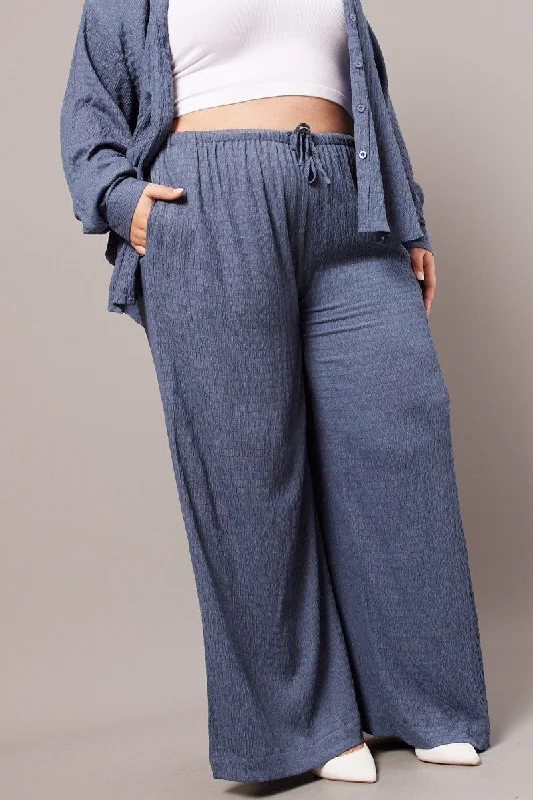 Blue Wide Leg Pants High Rise Textured Fabric Relaxed Lounge Trousers